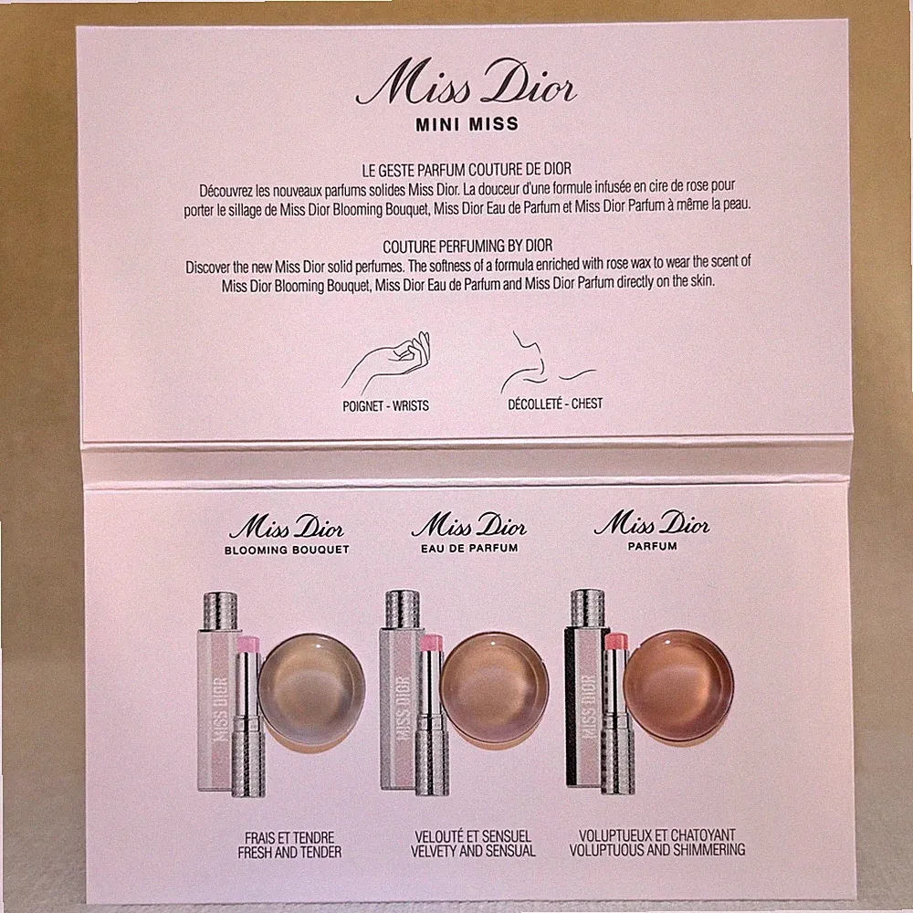 Miss Dior Solid Sample Card: EDP + Parfum + Blooming Bouquet EDT (3x .007oz .2g)
